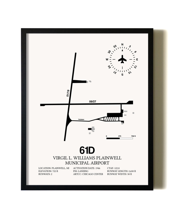 Framed Virgil L. Williams Plainwell Municipal Airport wall art poster in black frame