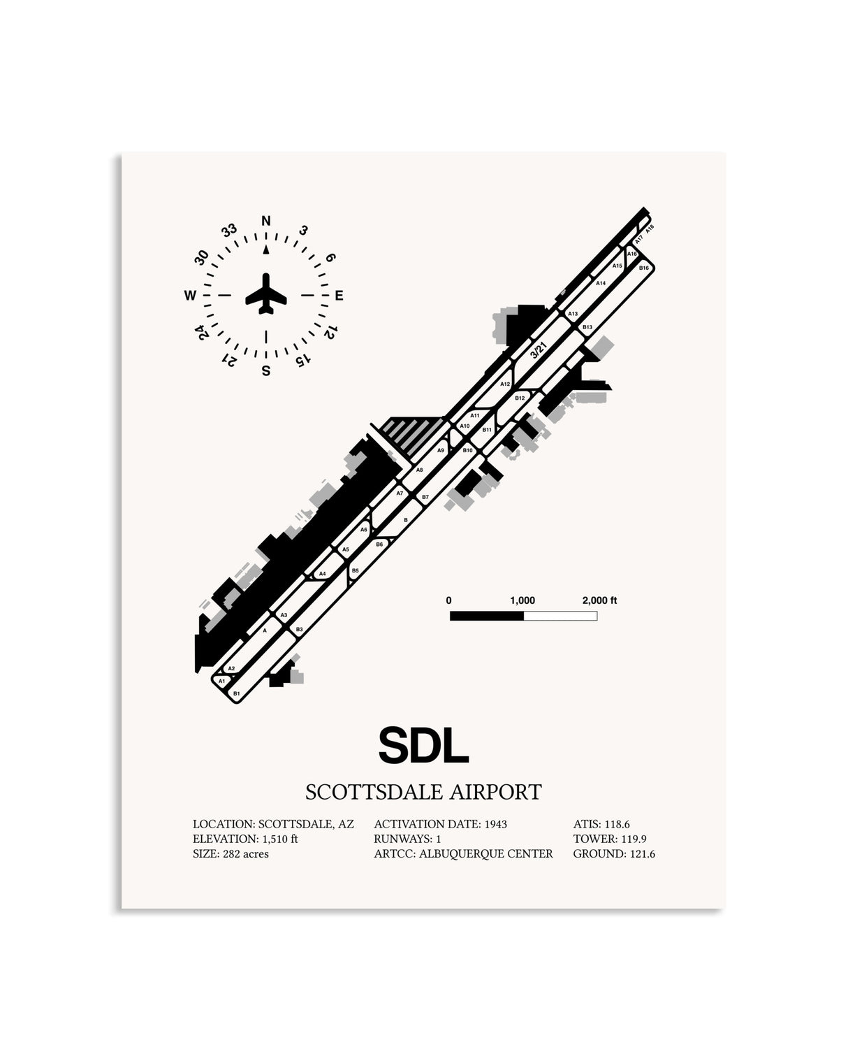 Gray Scottsdale Airport framed poster displayed in an airplane hangar