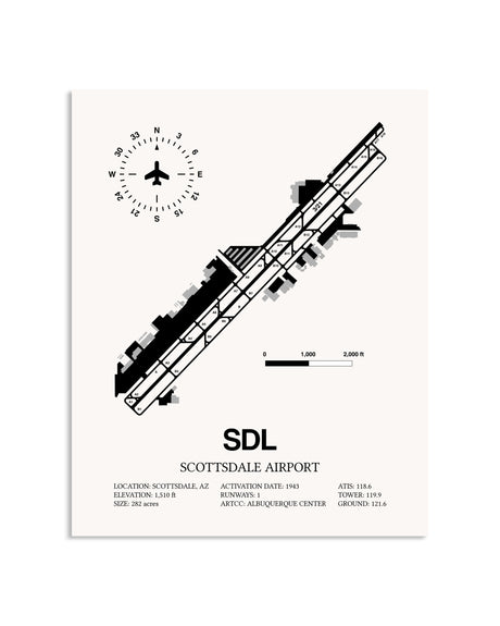 Gray Scottsdale Airport framed poster displayed in an airplane hangar