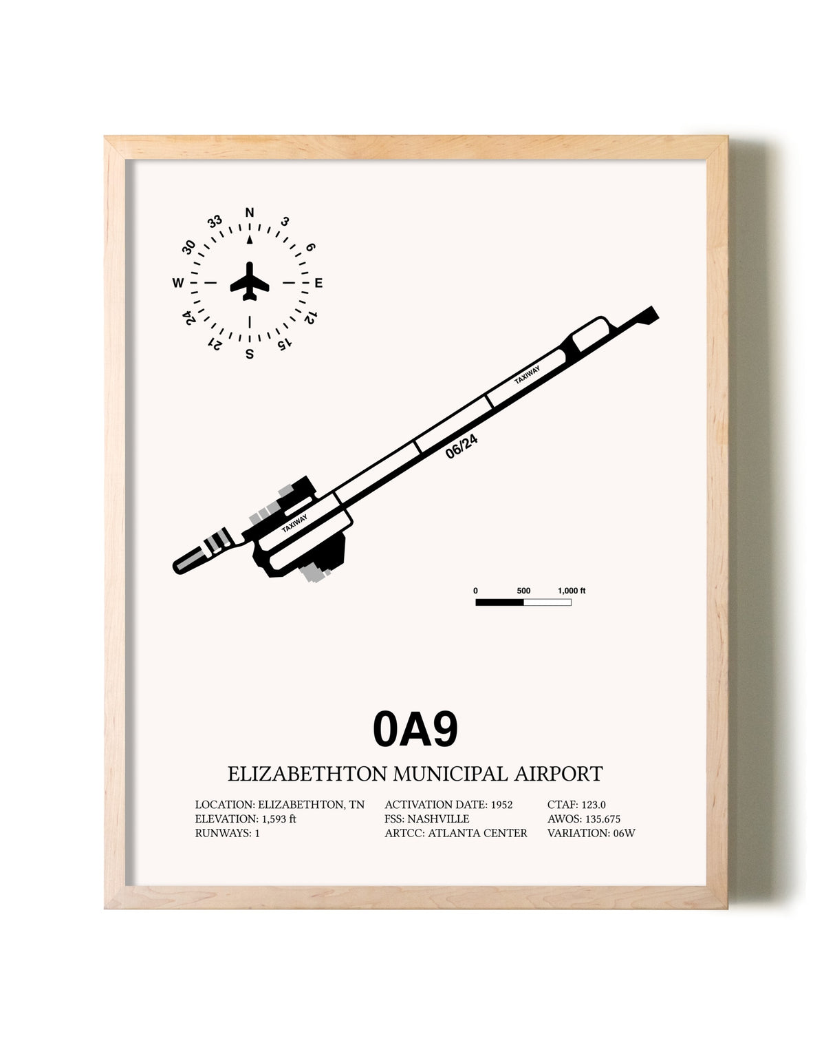 Elizabethton Municipal Airport framed wall art in white frame