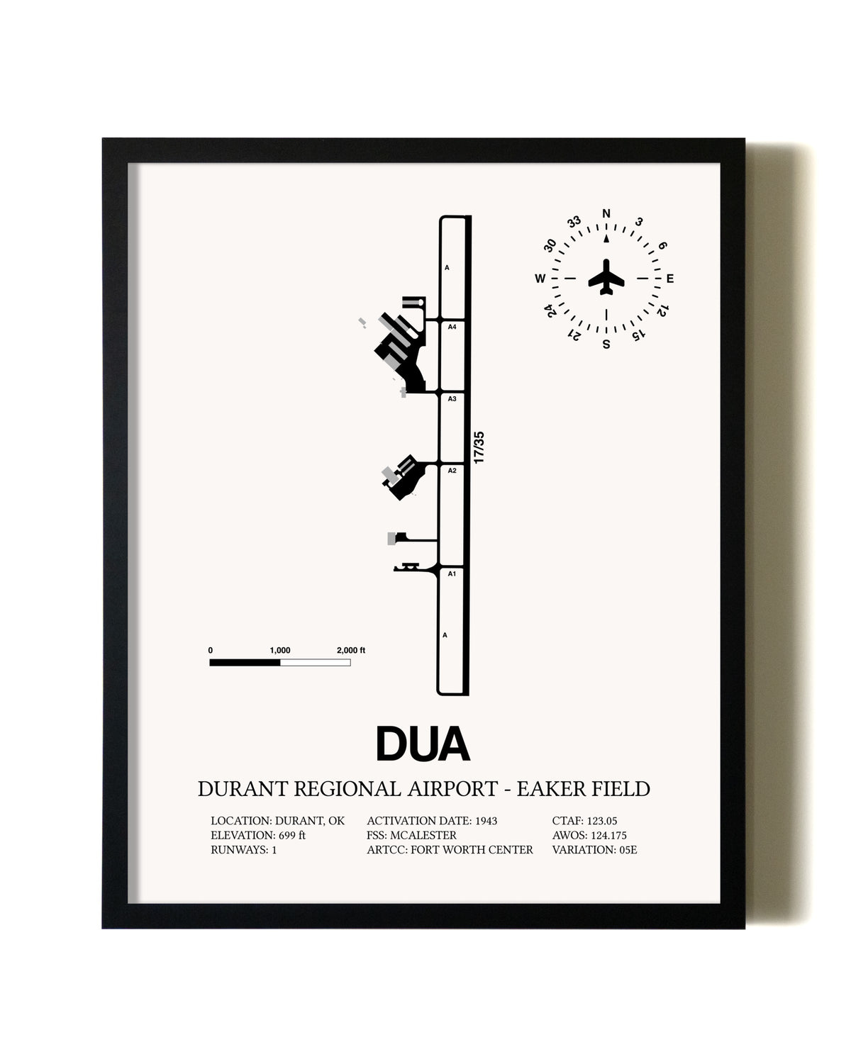 Framed Durant Regional Airport-Eaker Field wall art poster in black frame