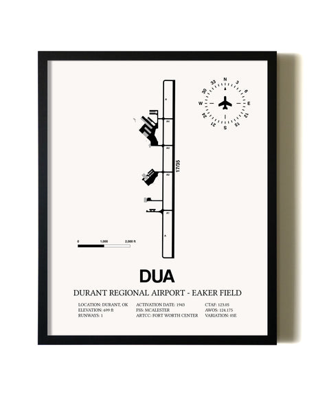 Framed Durant Regional Airport-Eaker Field wall art poster in black frame