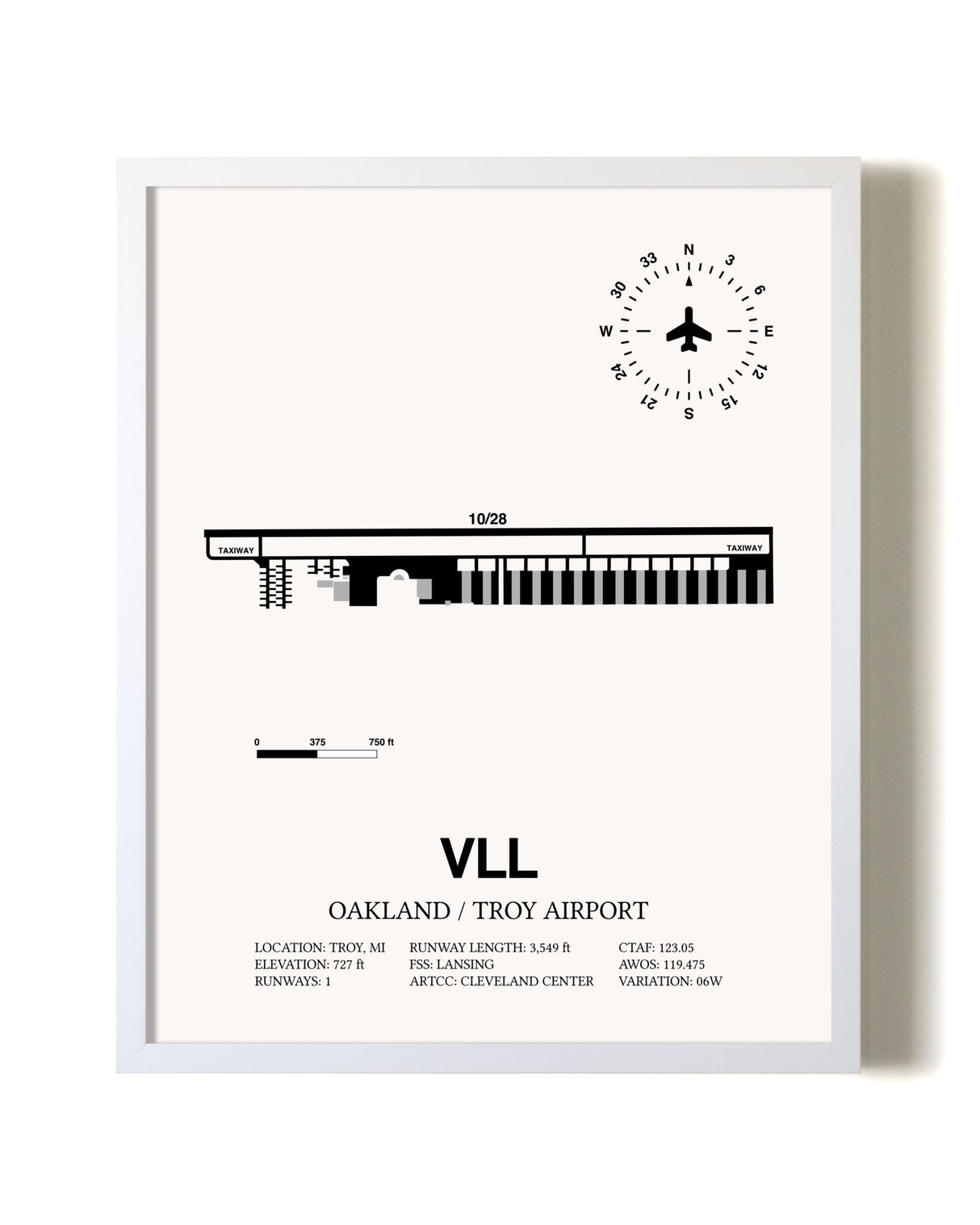 Oakland / Troy Airport airport map poster in oak frame