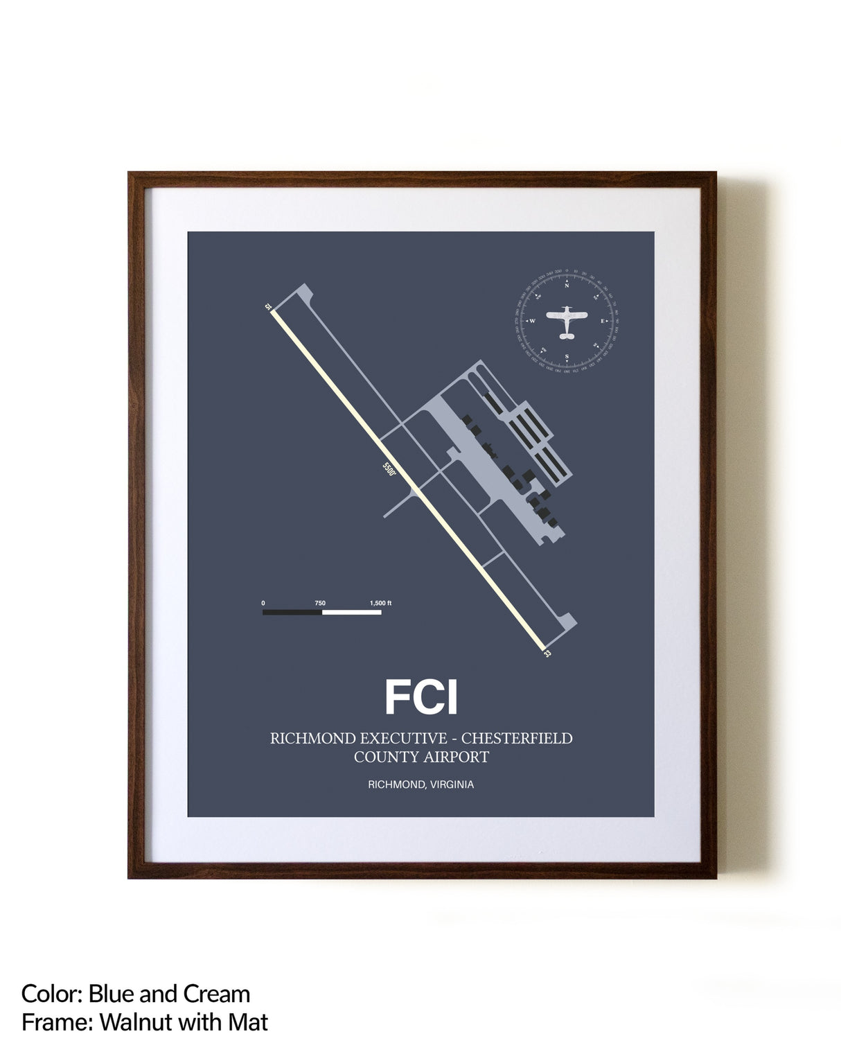 Richmond Executive-Chesterfield County Airport aviation print in walnut frame with mat