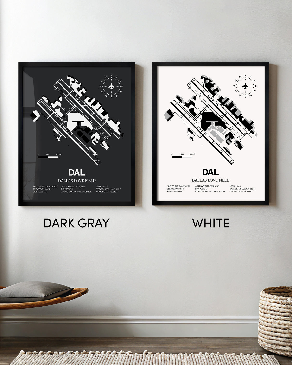 Framed Detailed Airport Map of Dallas Love Field (DAL) in White and Gray