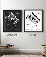 Framed Detailed Airport Map of Dallas Love Field (DAL) in White and Gray