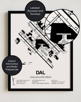 Framed Detailed Airport Map of Dallas Love Field (DAL) in White with a Black Frame