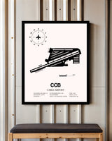 Cable Airport framed poster displayed in an airplane hangar