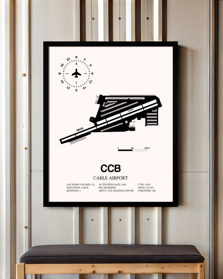 Cable Airport framed poster displayed in an airplane hangar