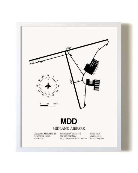 Midland Airpark airport map poster in oak frame