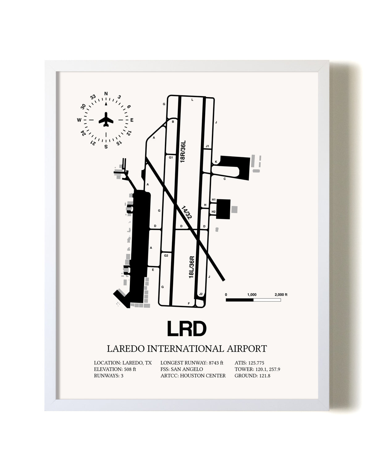 Laredo International Airport airport map poster in oak frame