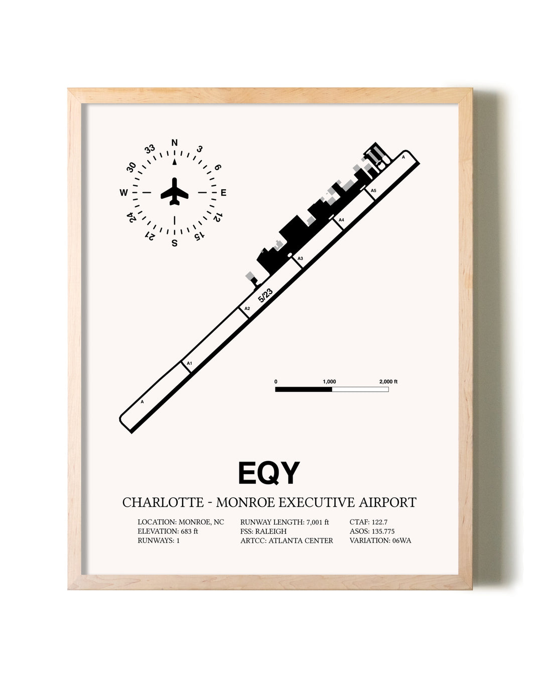 Charlotte-Monroe Executive Airport framed wall art in white frame