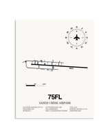 Gray Sandy Creek Airpark framed poster displayed in an airplane hangar