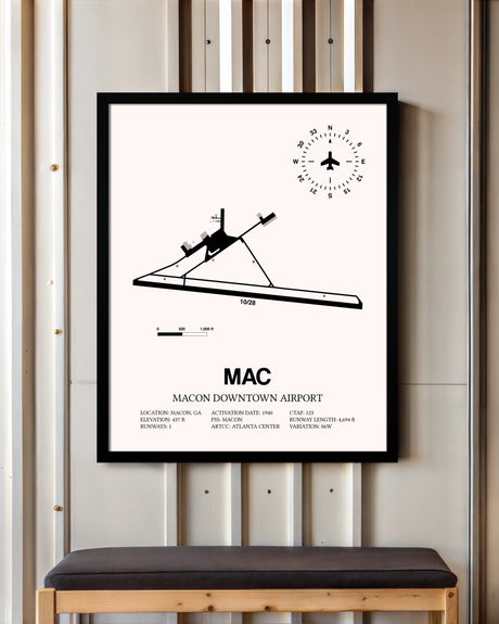 Macon Downtown Airport framed poster displayed in an airplane hangar