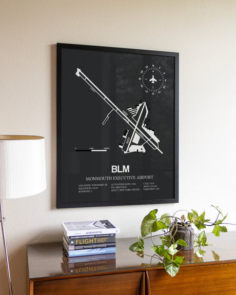 Gray Framed Monmouth Executive Airport wall art poster in black frame