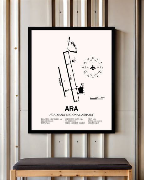 Acadiana Regional Airport framed poster displayed in an airplane hangar
