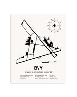 Gray Beverly Regional Airport framed poster displayed in an airplane hangar