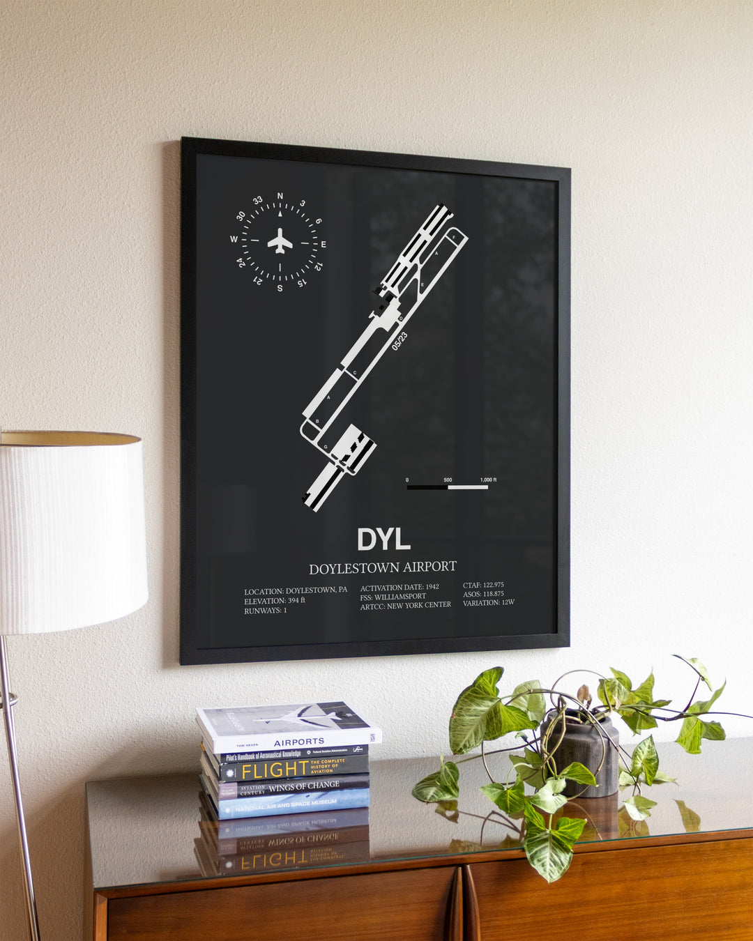 Gray Framed Doylestown Airport wall art poster in black frame