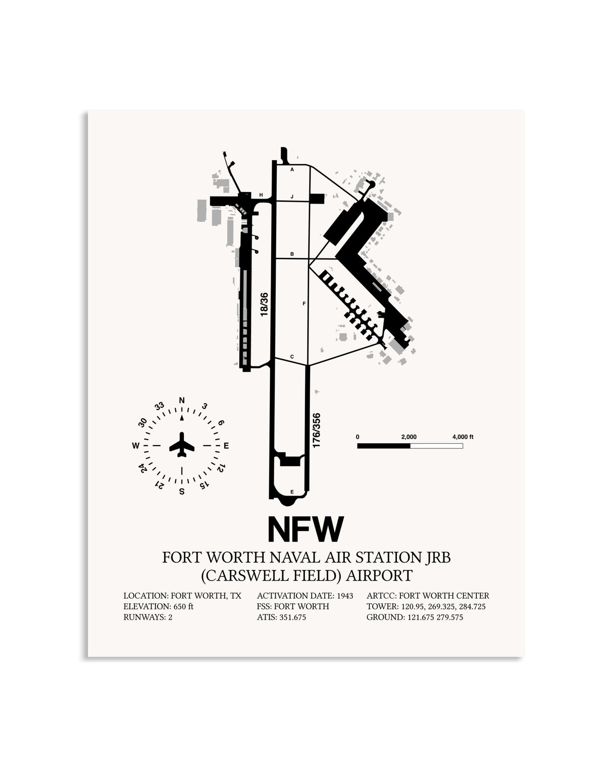 Gray Fort Worth Naval Air Station JRB (Carswell Field) Airport framed poster displayed in an airplane hangar