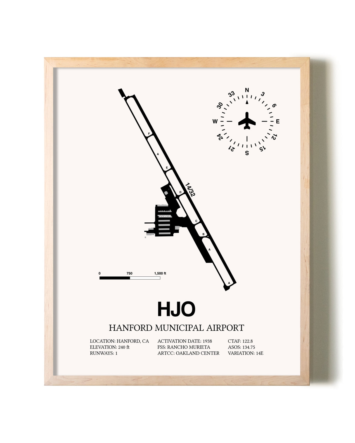 Hanford Municipal Airport framed wall art in white frame