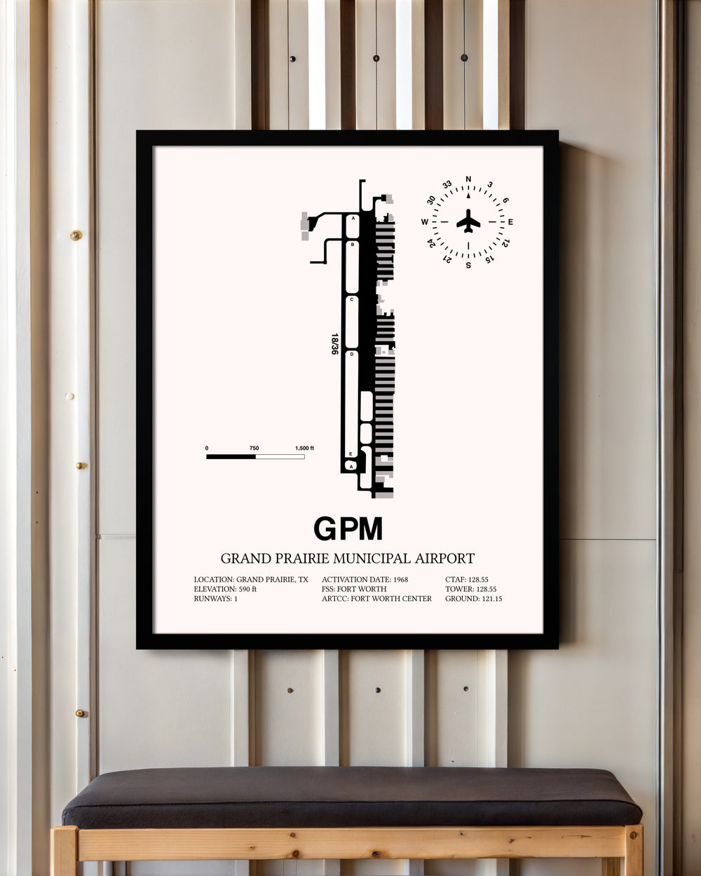 Grand Prairie Municipal Airport framed poster displayed in an airplane hangar