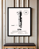 Grand Prairie Municipal Airport framed poster displayed in an airplane hangar