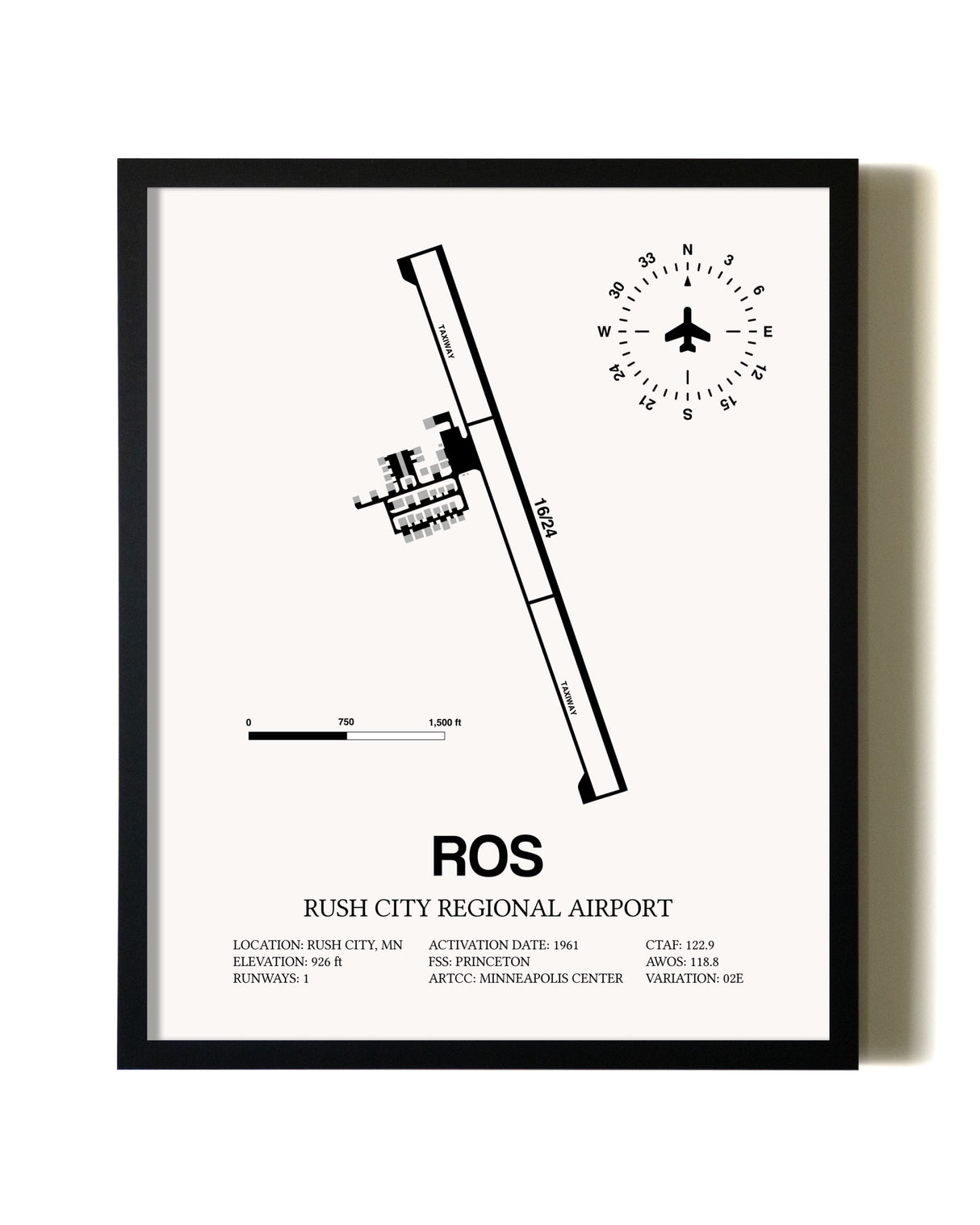 Framed Rush City Regional Airport wall art poster in black frame
