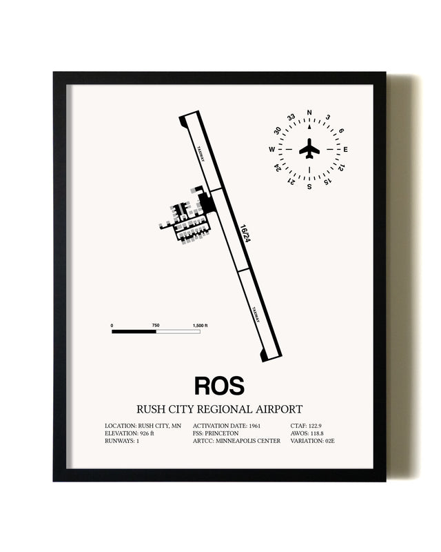 Framed Rush City Regional Airport wall art poster in black frame