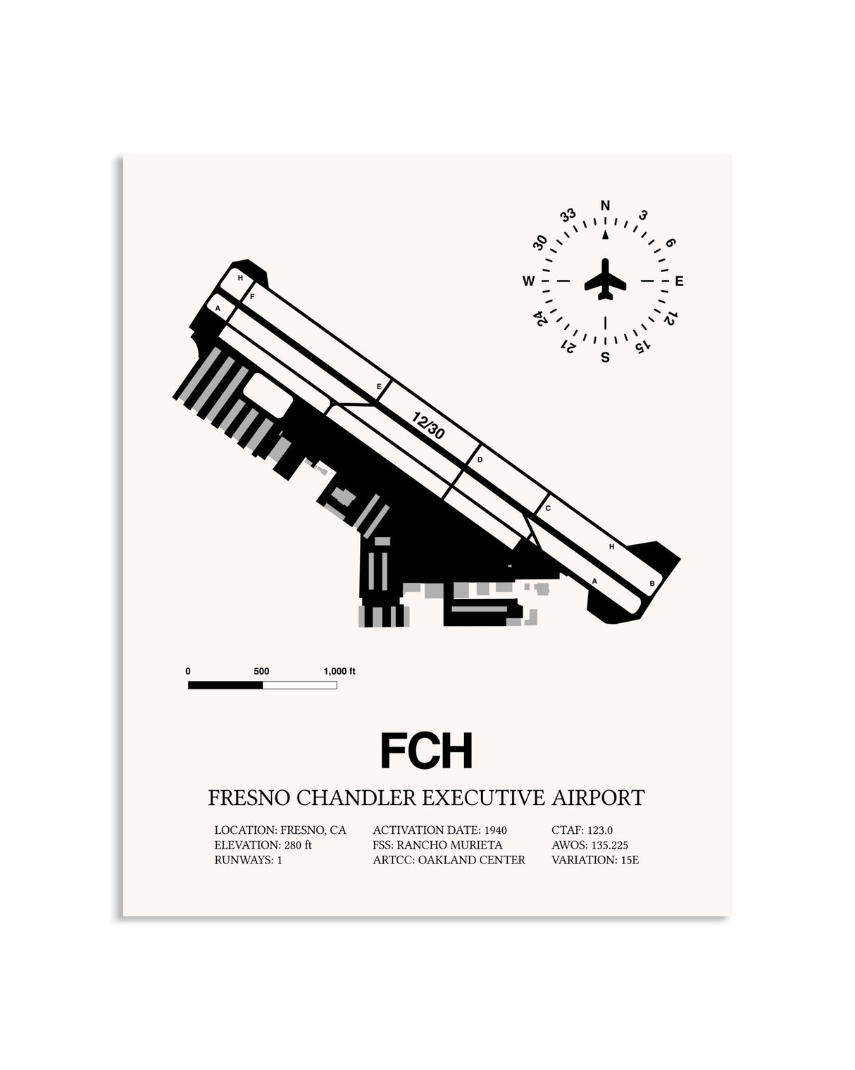 Gray Fresno Chandler Executive Airport framed poster displayed in an airplane hangar