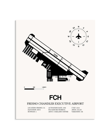 Gray Fresno Chandler Executive Airport framed poster displayed in an airplane hangar