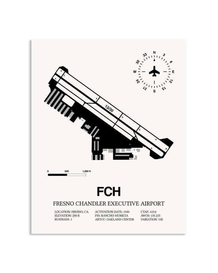 Gray Fresno Chandler Executive Airport framed poster displayed in an airplane hangar