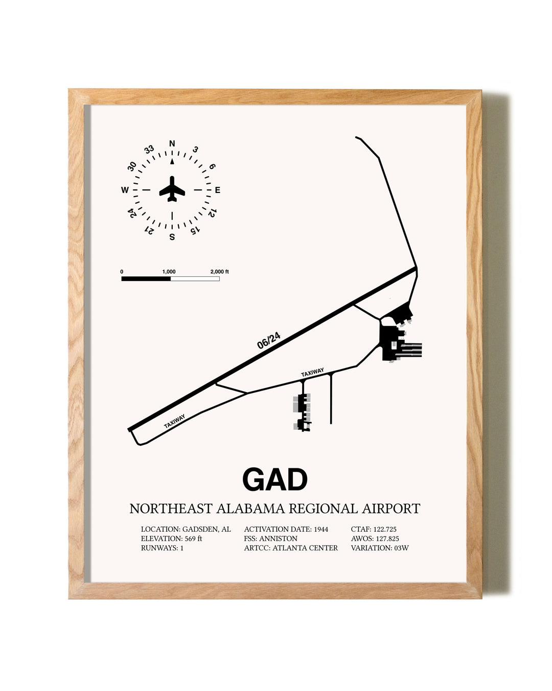 Northeast Alabama Regional Airport framed print in natural wood frame