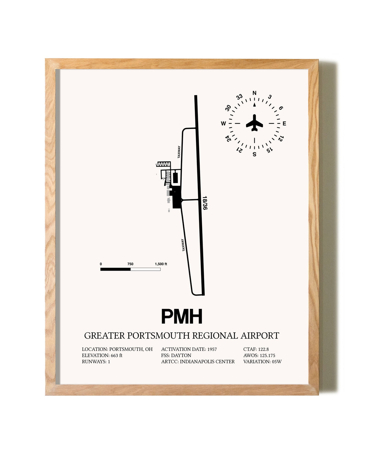 Greater Portsmouth Regional Airport framed print in natural wood frame