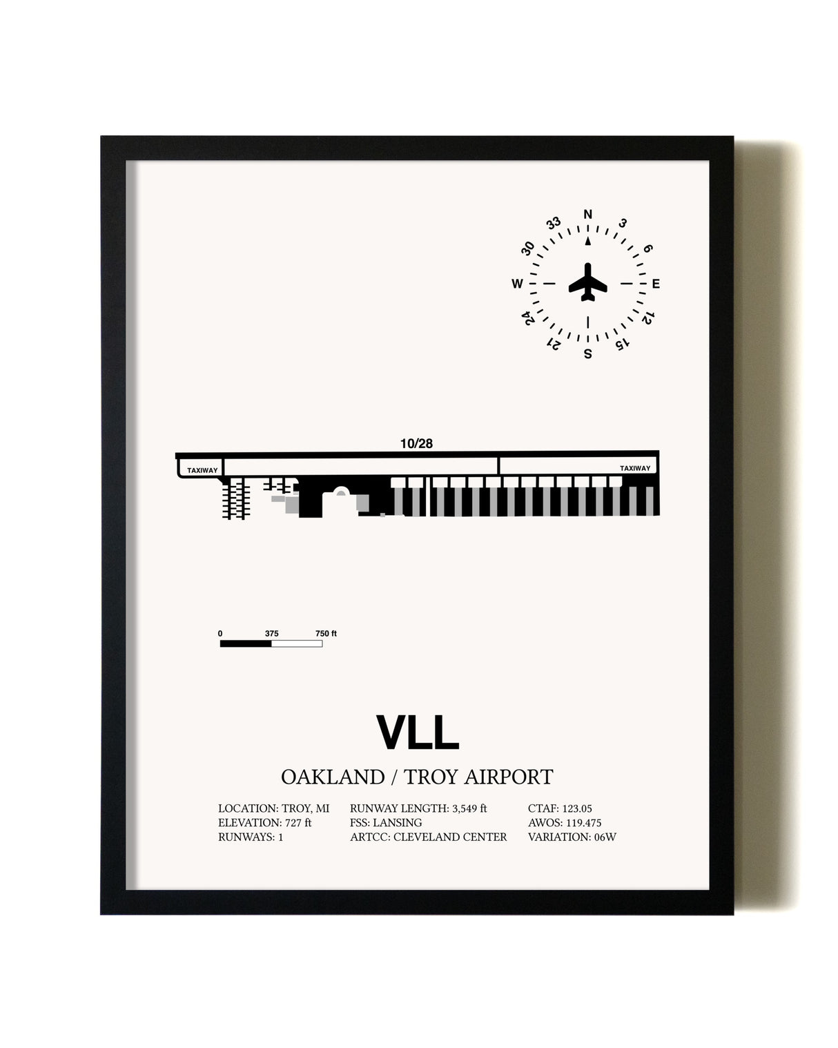 Framed Oakland / Troy Airport wall art poster in black frame