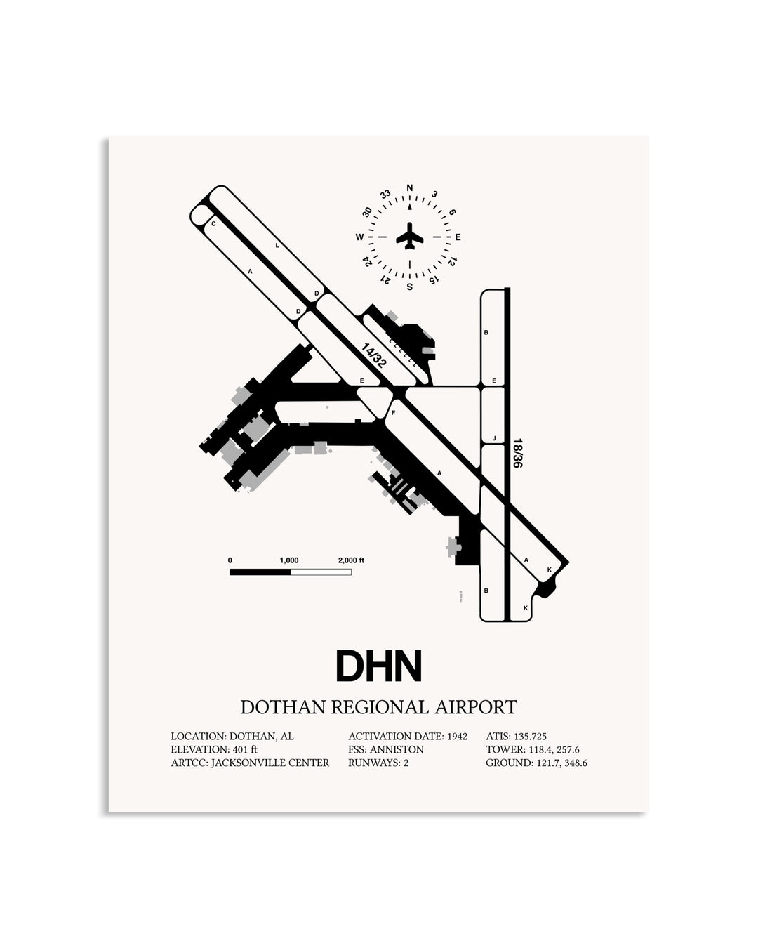 Gray Dothan Regional Airport framed poster displayed in an airplane hangar