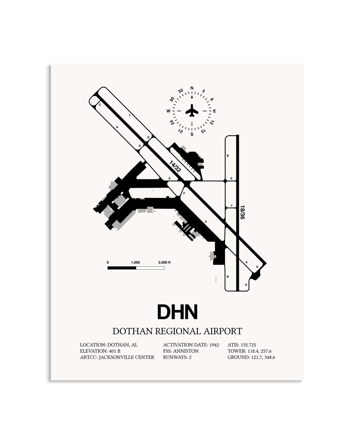 Gray Dothan Regional Airport framed poster displayed in an airplane hangar