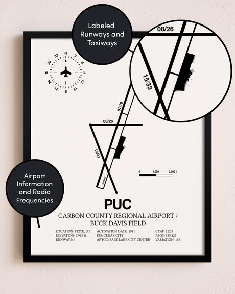 Framed Carbon County Regional Airport / Buck Davis Field layout wall art poster