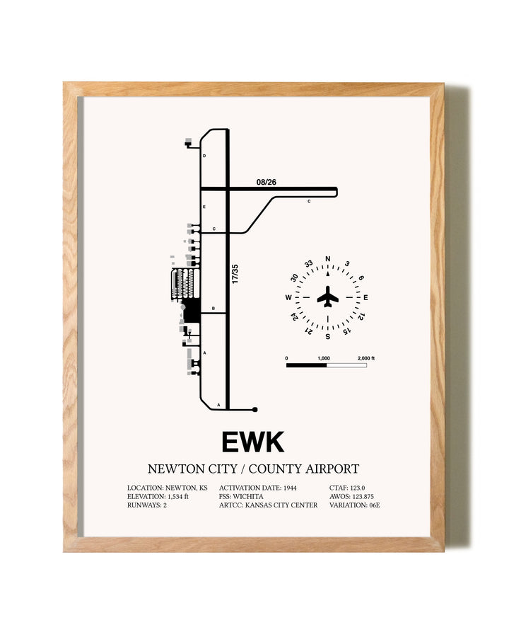 Newton City / County Airport framed print in natural wood frame