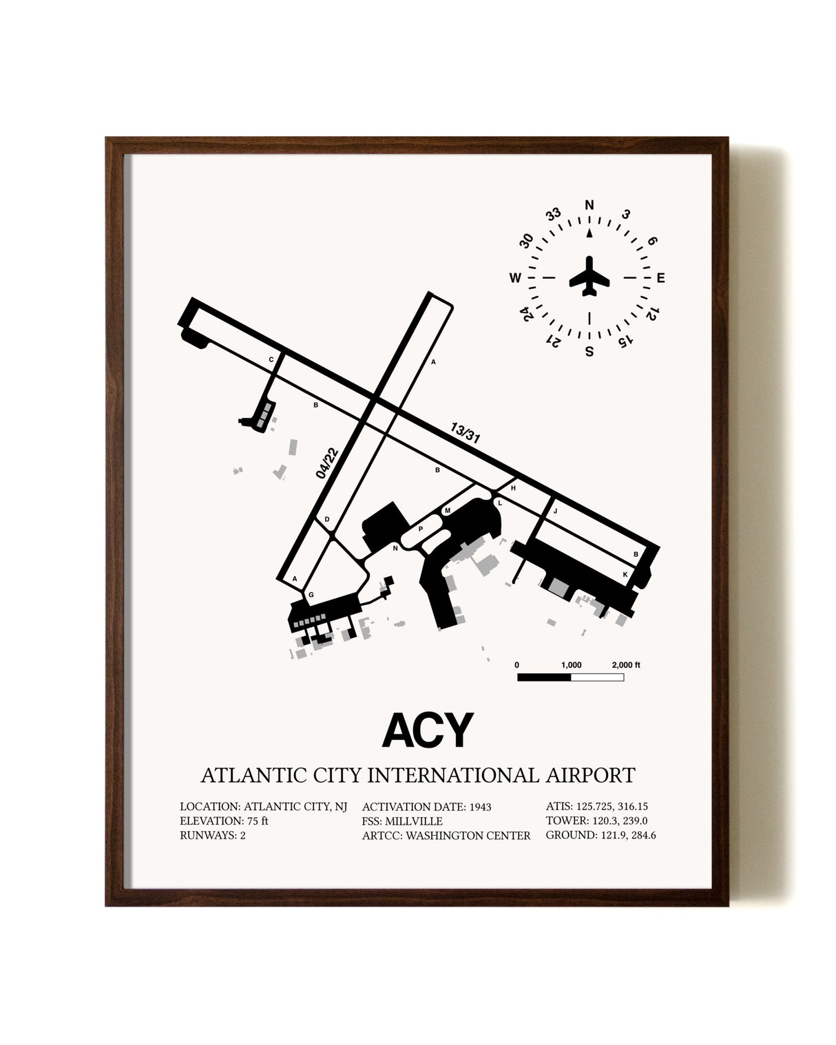 Atlantic City International Airport aviation print in walnut frame