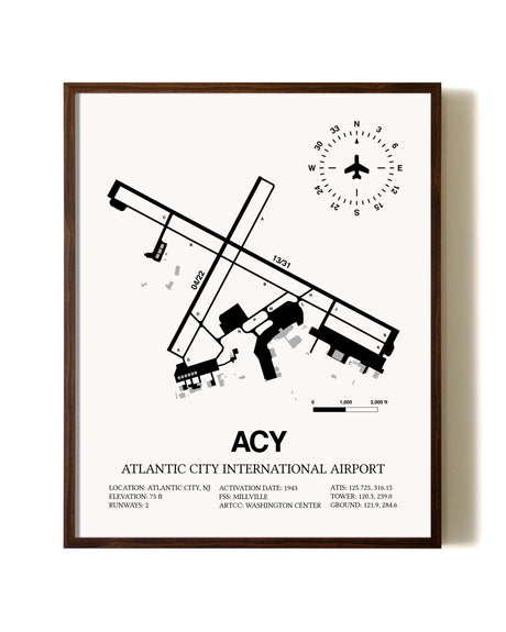 Atlantic City International Airport aviation print in walnut frame
