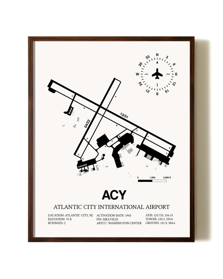 Atlantic City International Airport aviation print in walnut frame