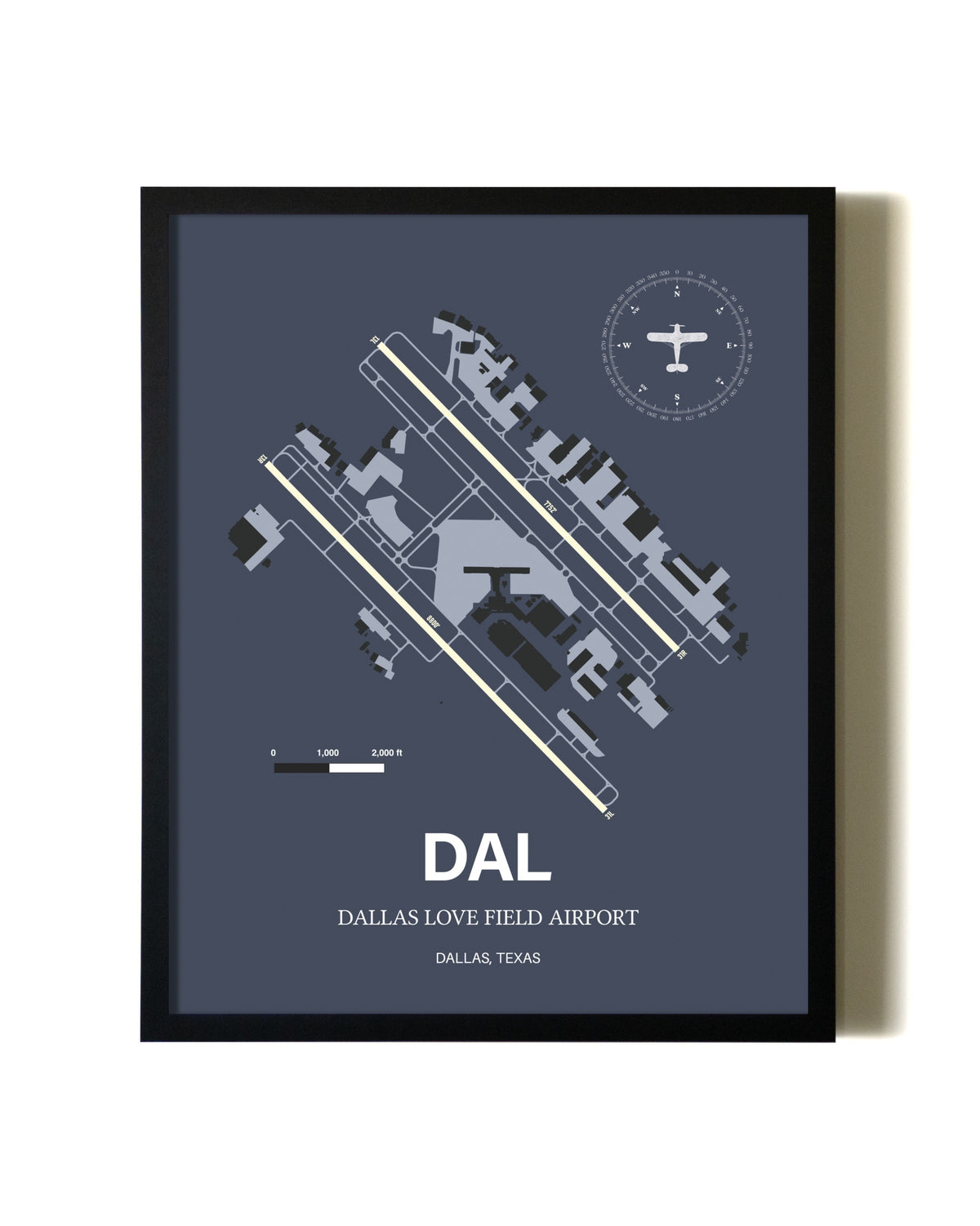 Framed Dallas Love Field Airport wall art poster in black frame