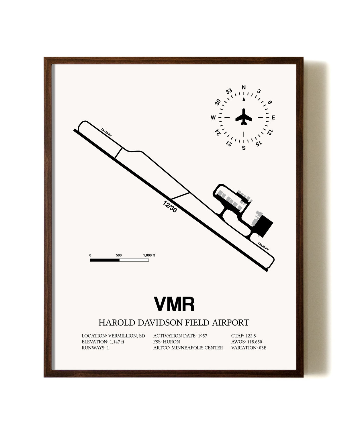 Harold Davidson Field Airport aviation print in walnut frame