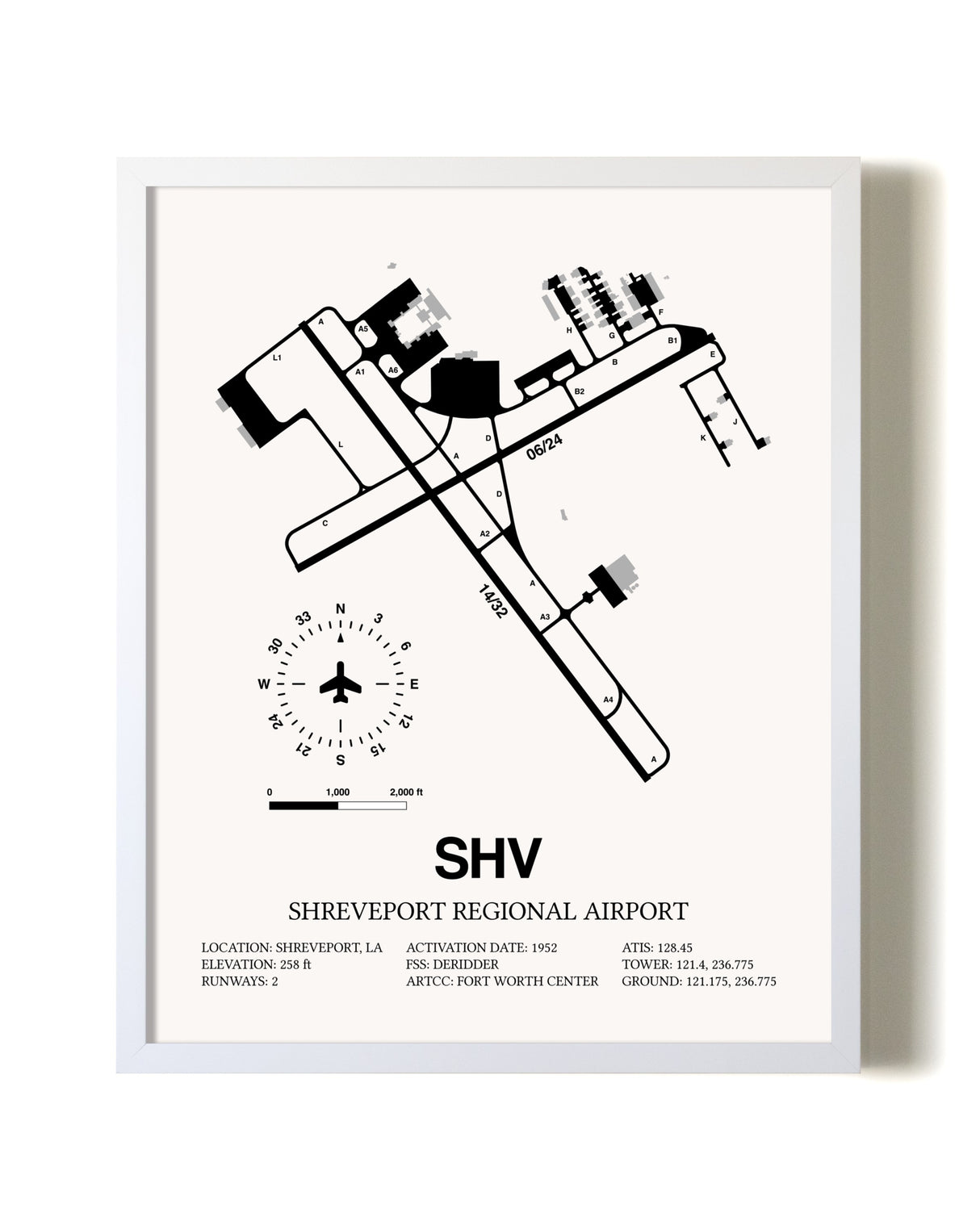 Shreveport Regional Airport airport map poster in oak frame