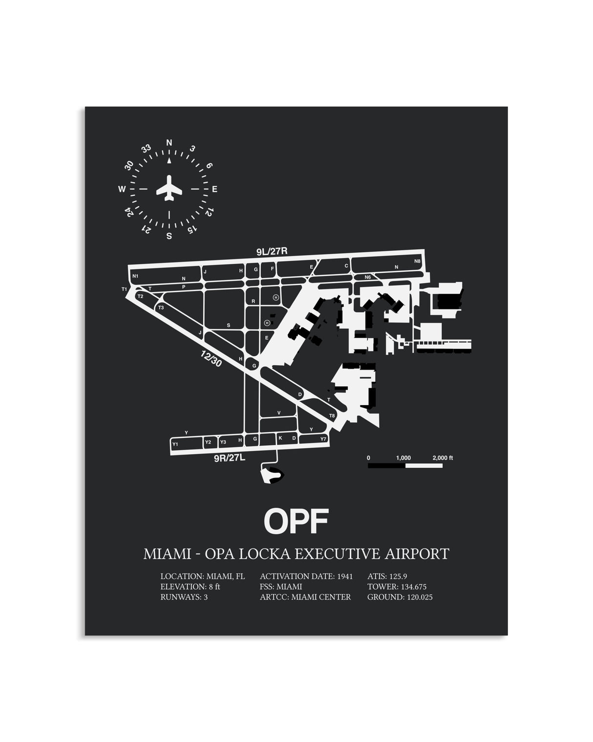 Gray Framed Miami-Opa Locka Executive Airport layout wall art poster