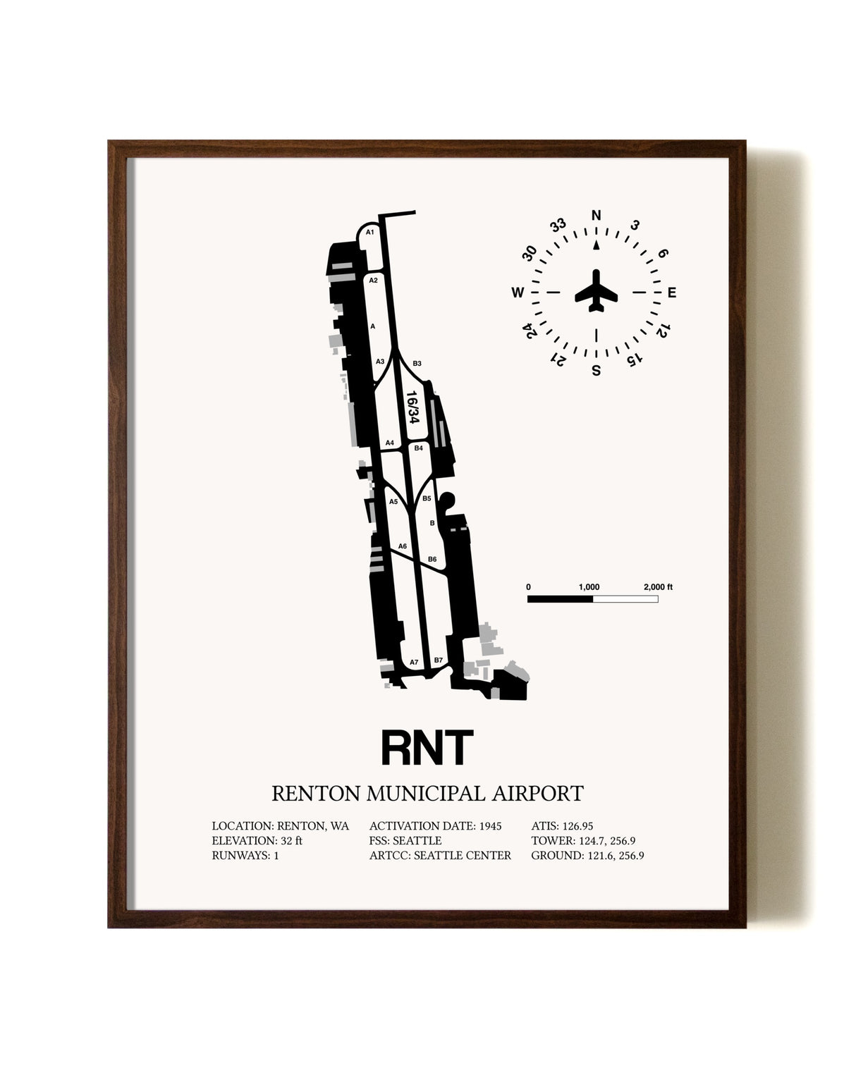 Renton Municipal Airport aviation print in walnut frame