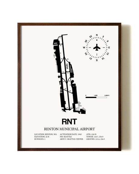 Renton Municipal Airport aviation print in walnut frame