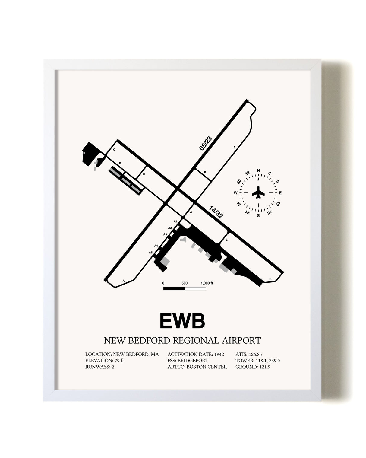 New Bedford Regional Airport airport map poster in oak frame