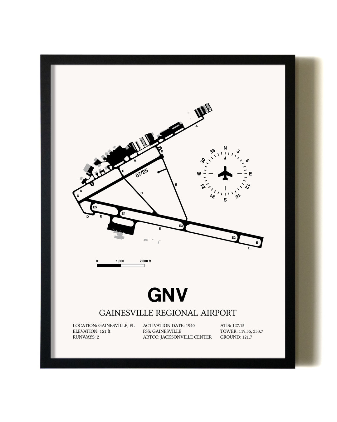 Framed Gainesville Regional Airport wall art poster in black frame