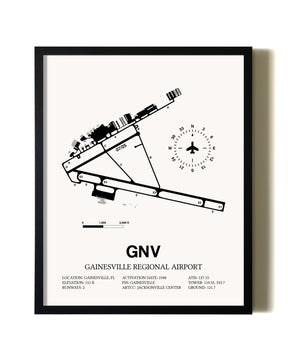 Framed Gainesville Regional Airport wall art poster in black frame